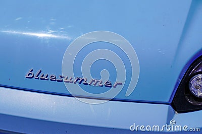 Bluesummer logo text and sign brand on EV Electric car with E-Mehari model from Bollore Editorial Stock Photo