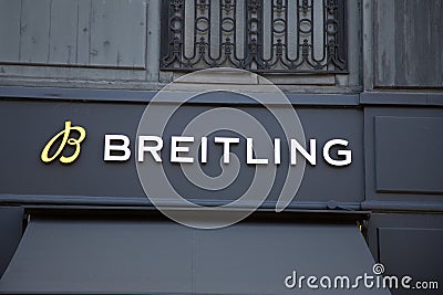 Breitling logo brand facade and text chain entrance sign swiss watches wall shop Editorial Stock Photo