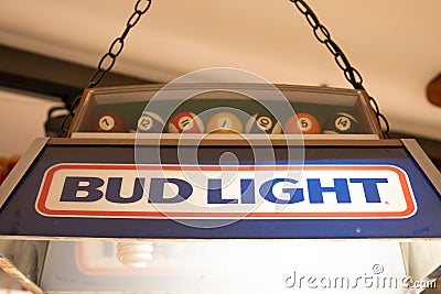 bud light brand logo and text sign on light billiards of American Budweiser beer Editorial Stock Photo