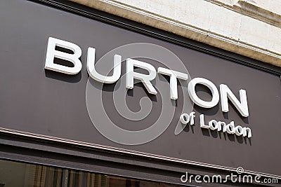 Burton of london sign text and logo on store front of entrance fashion clothing shop Editorial Stock Photo