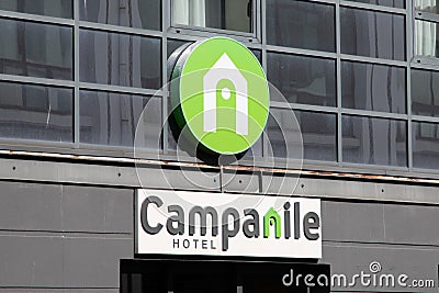 Campanile hotel logo brand and text sign wall facade French chain of Hotels and Editorial Stock Photo