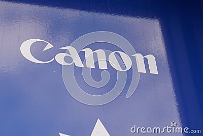 Canon logo sign of Japanese multinational corporation specialized in manufacture of Editorial Stock Photo