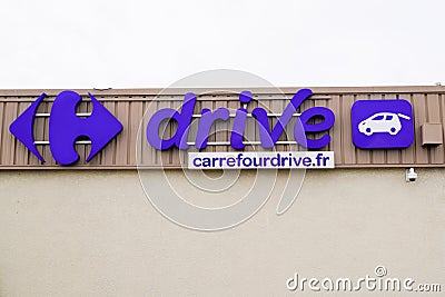 Carrefour drive supermarket sign text and logo of french store hypermarket brand Editorial Stock Photo
