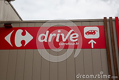 Carrefour drive supermarket sign text shop and brand logo market french store Editorial Stock Photo