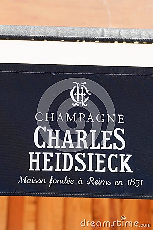 Charles Heidsieck logo and text sign on restaurant bar entrance of french Champagne Editorial Stock Photo