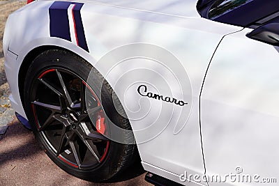 Chevrolet camaro logo sign and brand text on side white sport modern new car Editorial Stock Photo