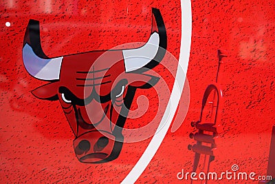 Bordeaux , Aquitaine / France - 07 07 2020 : Chicago Bulls team logo sign on windows shop professional basketball club Editorial Stock Photo