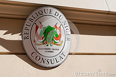 Consulat republique du Niger consulate sign text and logo emblem in wall facade office Editorial Stock Photo