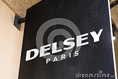 Delsey paris logo sign text and brand on French boutique luggage and travel shop Editorial Stock Photo