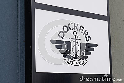 Dockers shop sign brand and text on boutique Apparel fashion store logo work wear Editorial Stock Photo