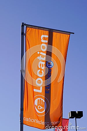E.Leclerc supermarket location sign logo on flag for van rental trucks city Editorial Stock Photo