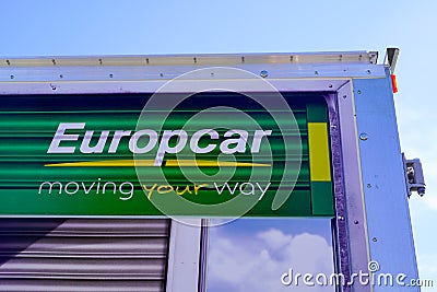 europcar moving your way logo brand and text sign on rear truck panel van of rental Editorial Stock Photo