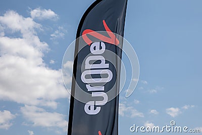 europe 2 flag advertising logo sign and brand text of french radio channel studio Editorial Stock Photo