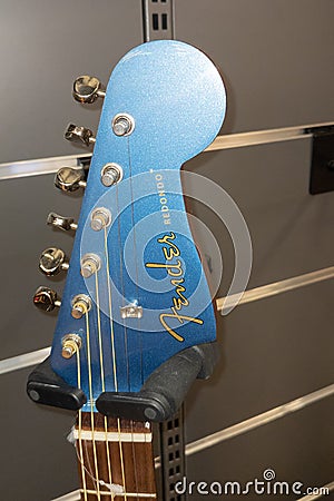 Fender Guitar brand logo and text sign redondo electric guitar head detail Editorial Stock Photo