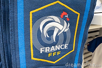 Fff french football soccer ball French football team scarf to support blue white red Editorial Stock Photo