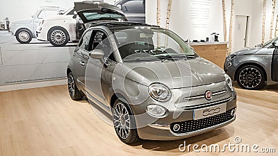 Fiat 500 classic grey parked in showroom dealership shop for sall car Editorial Stock Photo