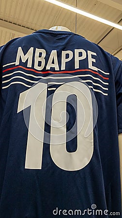 French football team shirt with the player`s number 10 Mbappe France National soccer Editorial Stock Photo