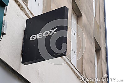 Geox sign text store and shop logo of Italian shoes and clothing brand footwear Editorial Stock Photo