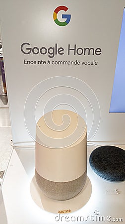 Google Home and Logo sign on Display commercial brand inside Store Editorial Stock Photo
