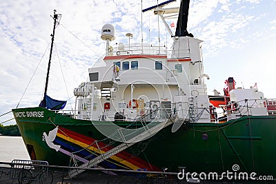 Greenpeace green boat logo and sign on ship Arctic Sunrise Editorial Stock Photo