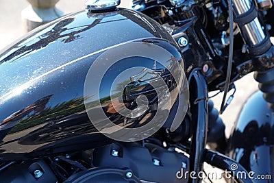 Harley davidson brand logo and sign on black new tank of american custom modern Editorial Stock Photo