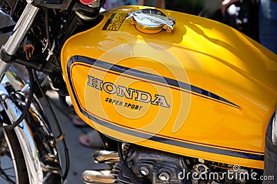 Honda super sport ancient collector logo brand and text sign on motorcycle fuel Editorial Stock Photo