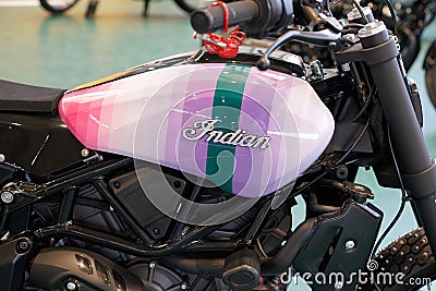 Indian motorcycle brand text and sign logo on custom paint petrol tank fuel of Editorial Stock Photo
