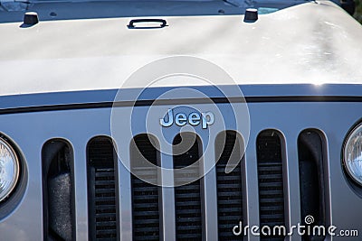 jeep Wrangler logo brand and text sign front American off-road vehicle us Stock Photo