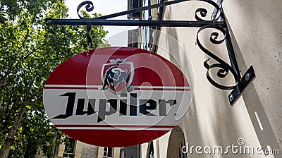 Jupiler logo brand and text sign of belgium beer front wall facade pub local bar Editorial Stock Photo