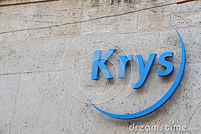 Krys optic center brand sign and text logo store facade shop sale eyewear medical Editorial Stock Photo