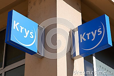 Krys optical brand sign and text logo on store front of medic shop sale eye wear Editorial Stock Photo