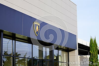 Lamborghini sign and logo front of dealership car store showroom automobile supercar Editorial Stock Photo