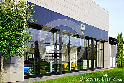 Lamborghini sport car shop logo supercar bull Taurus sign automobile dealership Editorial Stock Photo