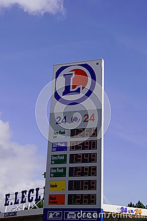 Leclerc logo and text sign front of gas service station store E.Leclerc supermarket Editorial Stock Photo