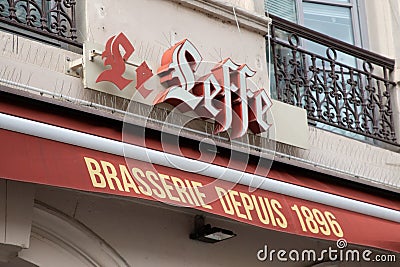 leffe Belgian beer sign brand and text logo entrance facade cafe wall bar restaurant Editorial Stock Photo