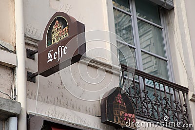 leffe Belgian beer sign brand and text logo on wall entrance brewery bar restaurant Editorial Stock Photo