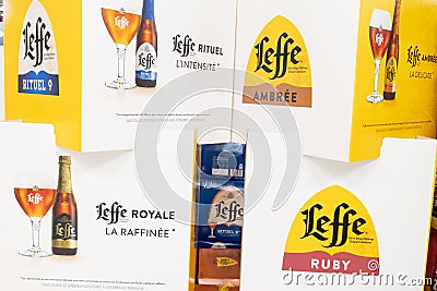 Leffe Belgian beer sign logo and text brand on advertising bar shop restaurant Editorial Stock Photo