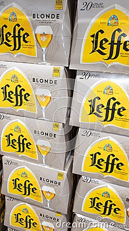 Leffe Belgian beer sign logo and text brand on advertising shop supermarket Editorial Stock Photo