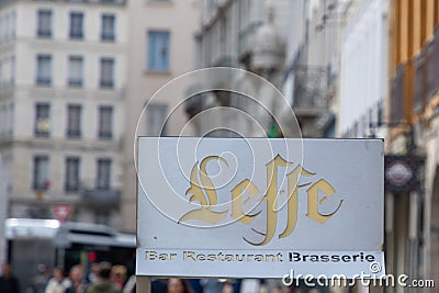 Leffe Belgian beer sign text and brand logo signage front bar coffee restaurant Editorial Stock Photo