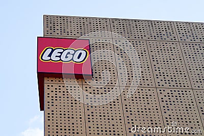 Lego logo brand and text sign on store Imagination Center shop building for cell Editorial Stock Photo