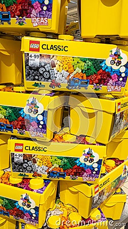Lego stacked boxes plastic toy brand in Imagination Center Shop Editorial Stock Photo