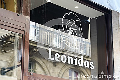 Leonidas logo and text sign front of Belgian shop Chocolates store of chocolate maker Editorial Stock Photo