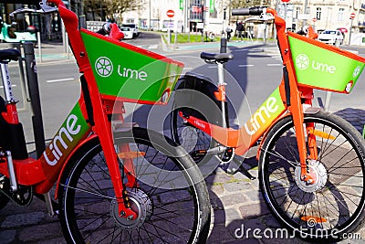 LIME app sign and logo of rent bike e-Scooter rental electric scooter company service Editorial Stock Photo