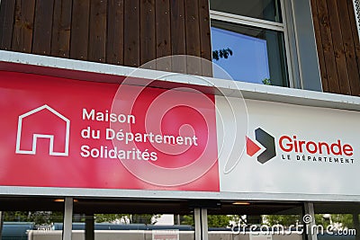Maison du departement solidarites Gironde Department sign logo text of French emblems Editorial Stock Photo