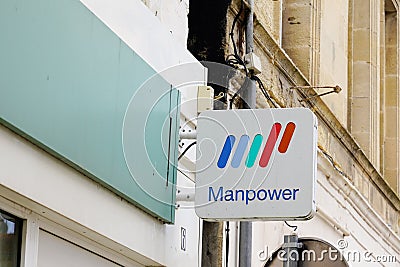 Bordeaux , Aquitaine / France - 06 01 2020 : manpower sign and logo of employment staffing firm agency Editorial Stock Photo