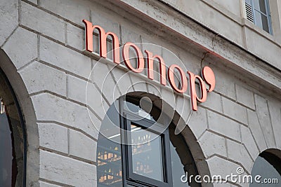 Monop' entrance wall chain Monoprix logo sign shop supermarket store wall facade text Editorial Stock Photo