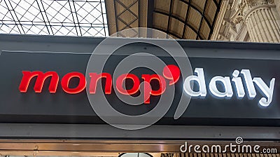 Monop daily store facade logo brand and text sign on wall entrance shop in aeroport Editorial Stock Photo
