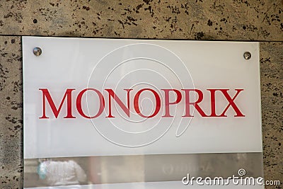 Monoprix logo sign shop facade wall supermarket store entrance text brand city market Editorial Stock Photo