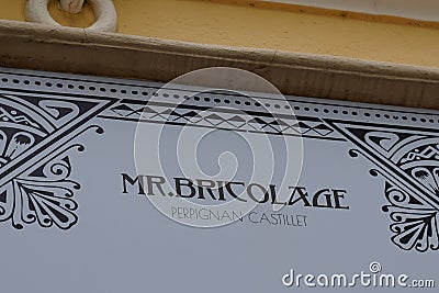 Mr Bricolage sign text vintage old school logo retro brand on city store building shop Editorial Stock Photo