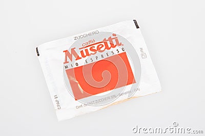 Musetti caffe mio espresso logo brand and text sign on Individual Sugar Packets coffee Editorial Stock Photo